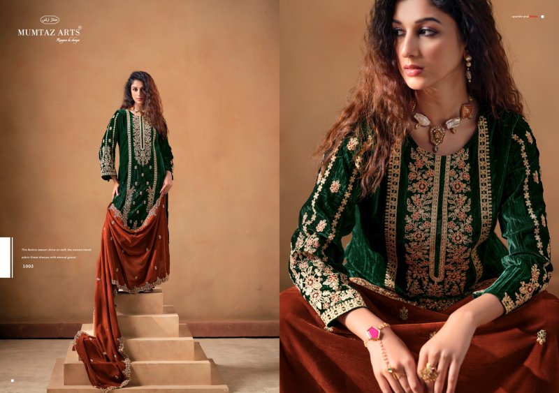 Saanjh By Mumtaz Arts Crush Velvet Embroidered Designer Salwar Suits